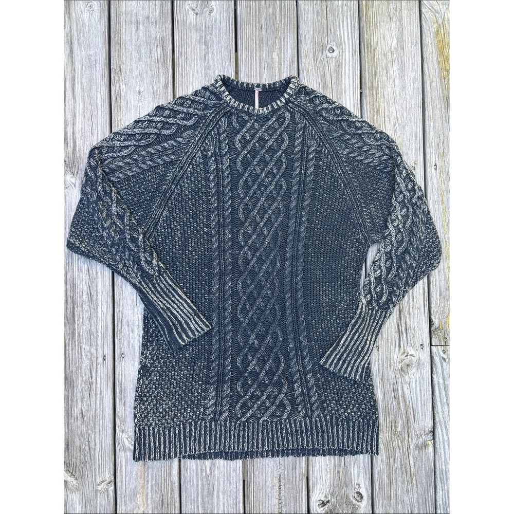 Free People Charcoal Cable-Knit Relaxed Fit Fisherman Crewneck Sweater Size S